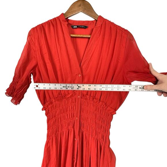Zara Cherry Red Chiffon Blouson Midi Dress SIZE SMALL Button Front Deep V Retro - Picture 7 of 10